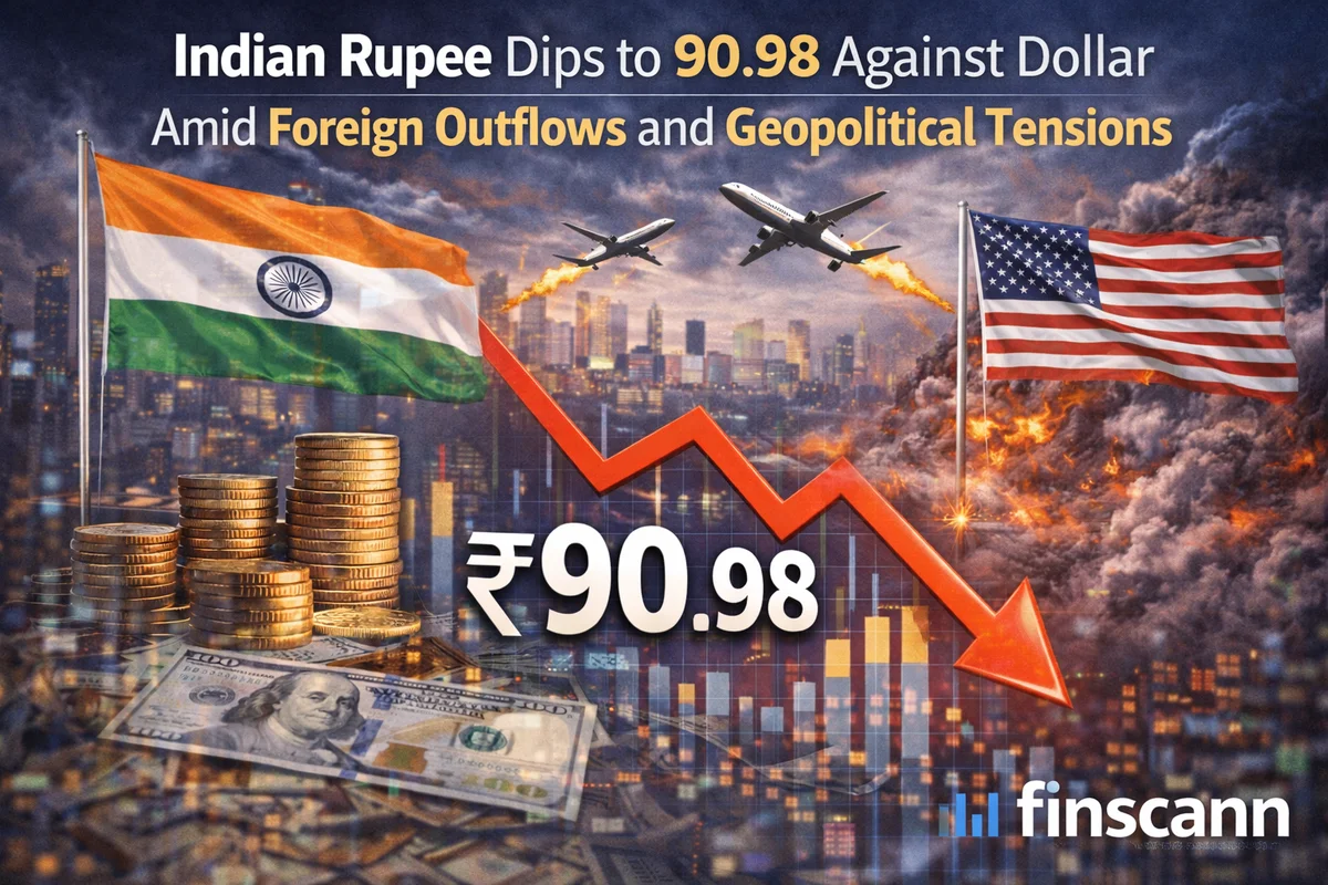 Indian Rupee Dips to 90.98 Against Dollar Amid Foreign Outflows and Geopolitical Tensions